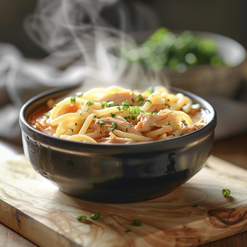 A close-up view of chicken noodle soup in a bowl with steam rising.