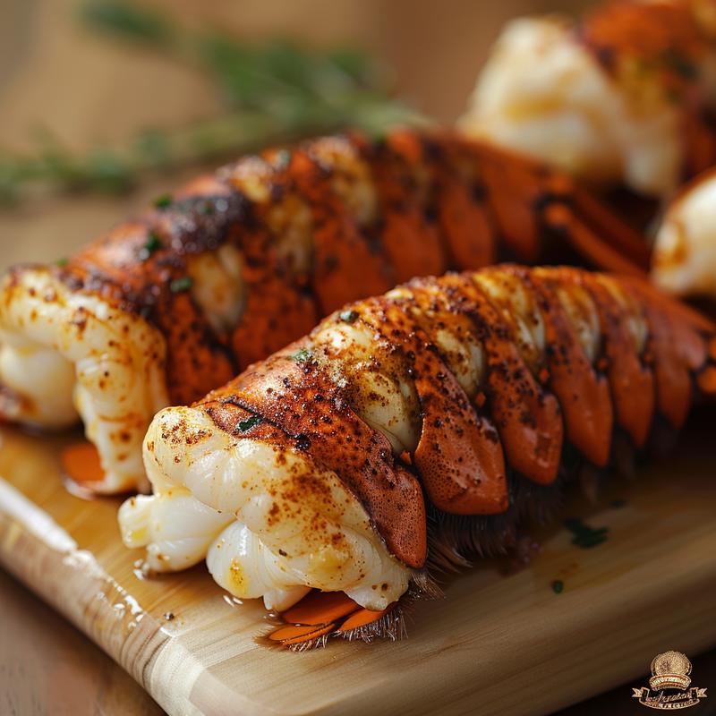 Close-up of baked lobster tails on a light wood board.