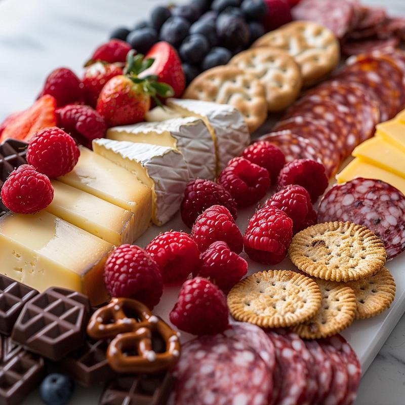 Close-up of a Valentine's charcuterie board with cheeses, meats, berries, and chocolate pretzels.