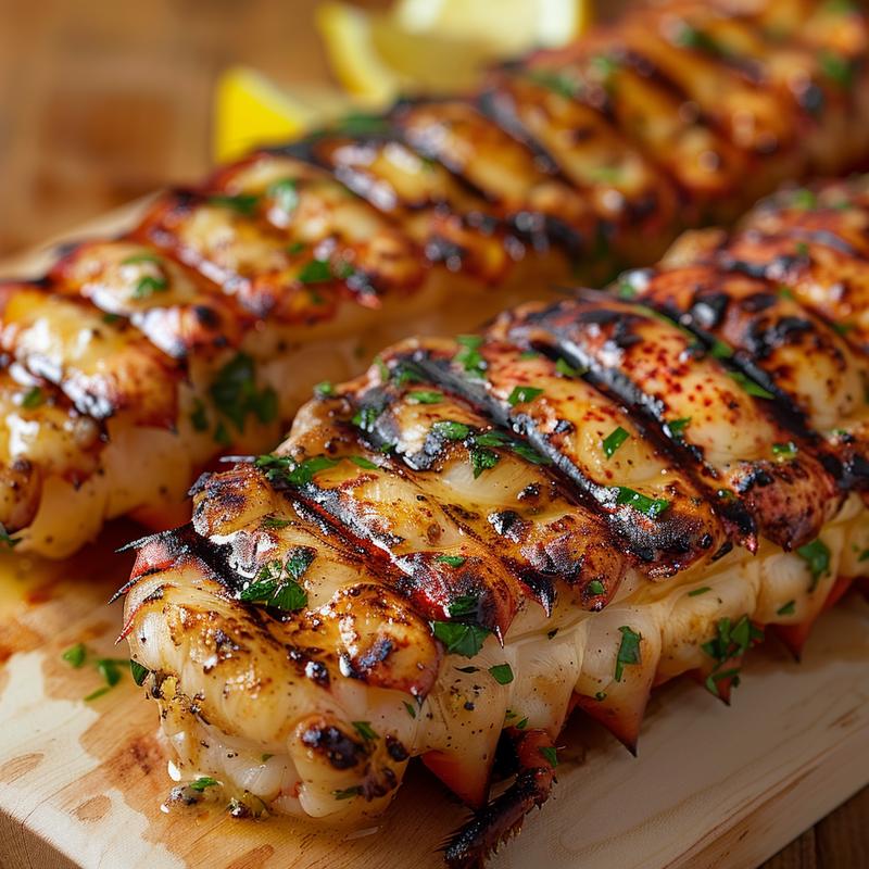 Close-up of lemon-garlic basted grilled lobster tails on a wood board.