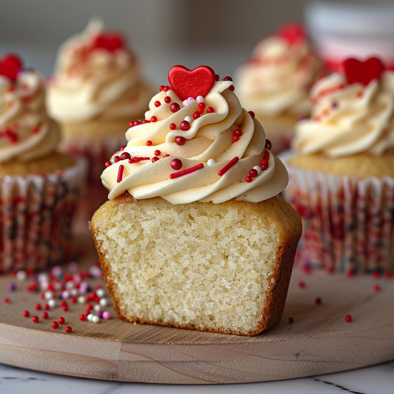 Close-up of a slice of Valentine's cupcake on a wooden board.