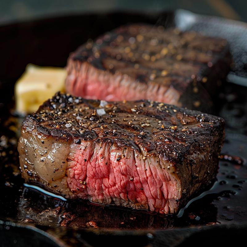 Close-up of a perfectly cooked filet mignon on a cast iron surface.