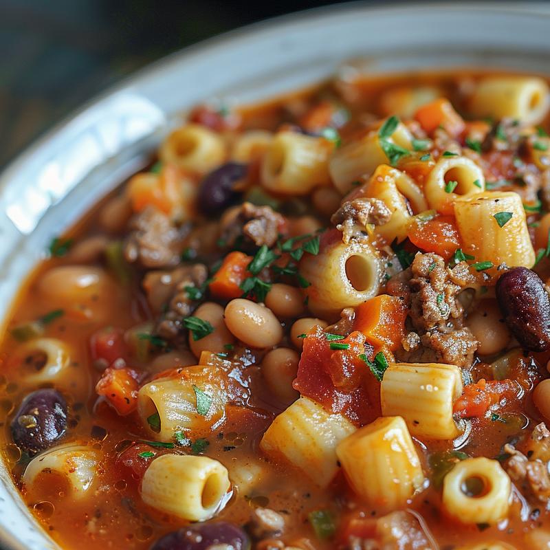 Close-up of a bowl of pasta e fagioli soup with visible beans and pasta pieces.