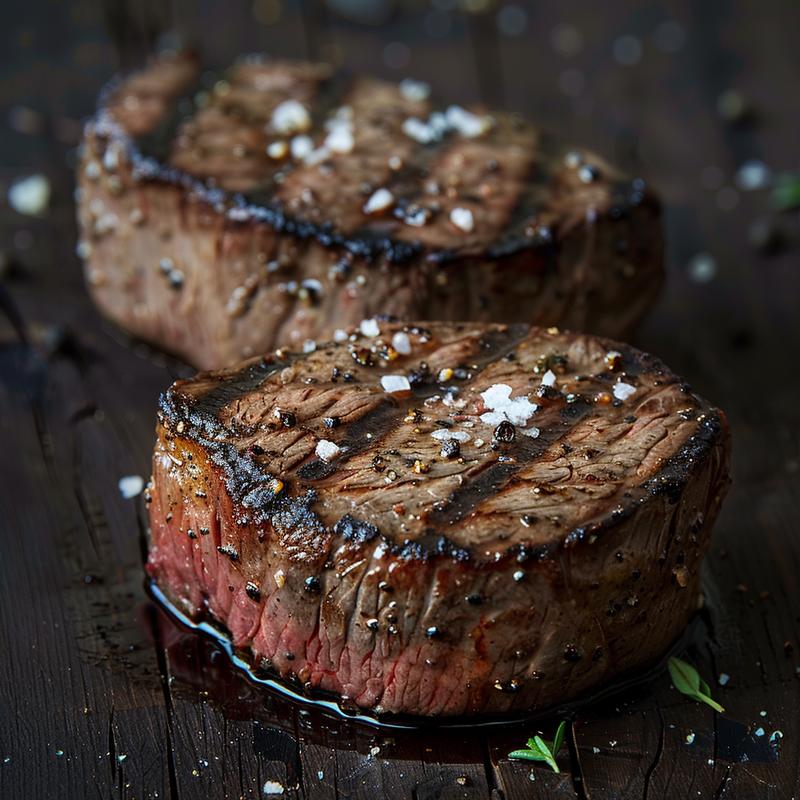 Close up of a grilled filet mignon steak on a dark wooden surface.