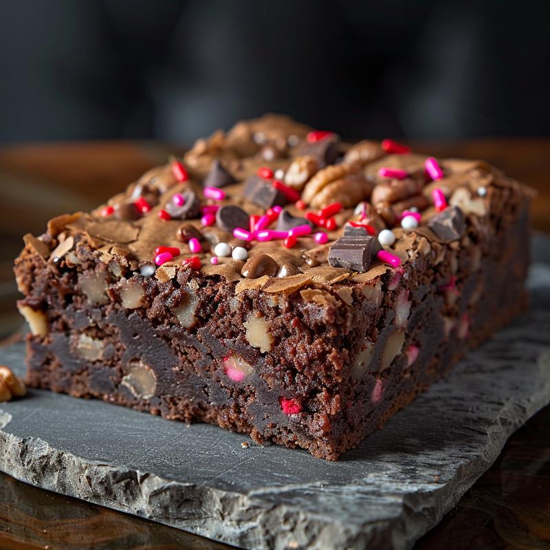 Close-up of a rich, dark brownie square on a slate plate.