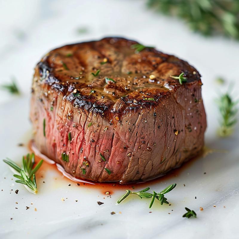 Close-up of a perfectly cooked filet mignon steak on a white marble surface.