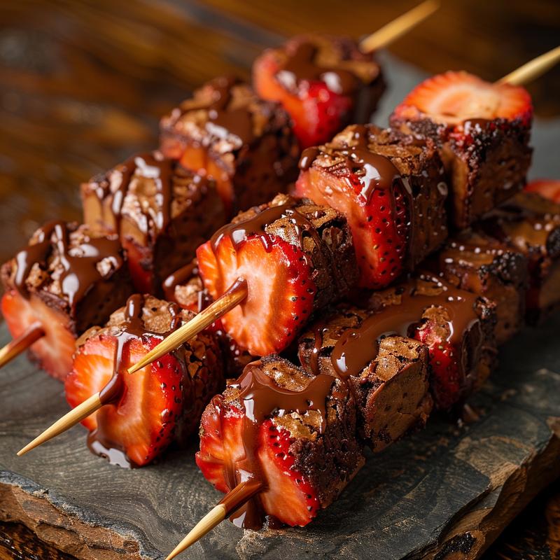 Strawberry brownie kabobs on a chipped slate plate, lit with side-lighting.