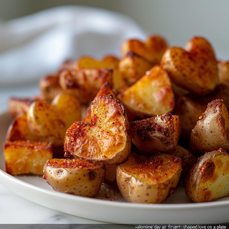 Close-up of heart-shaped air-fried potatoes on white marble.