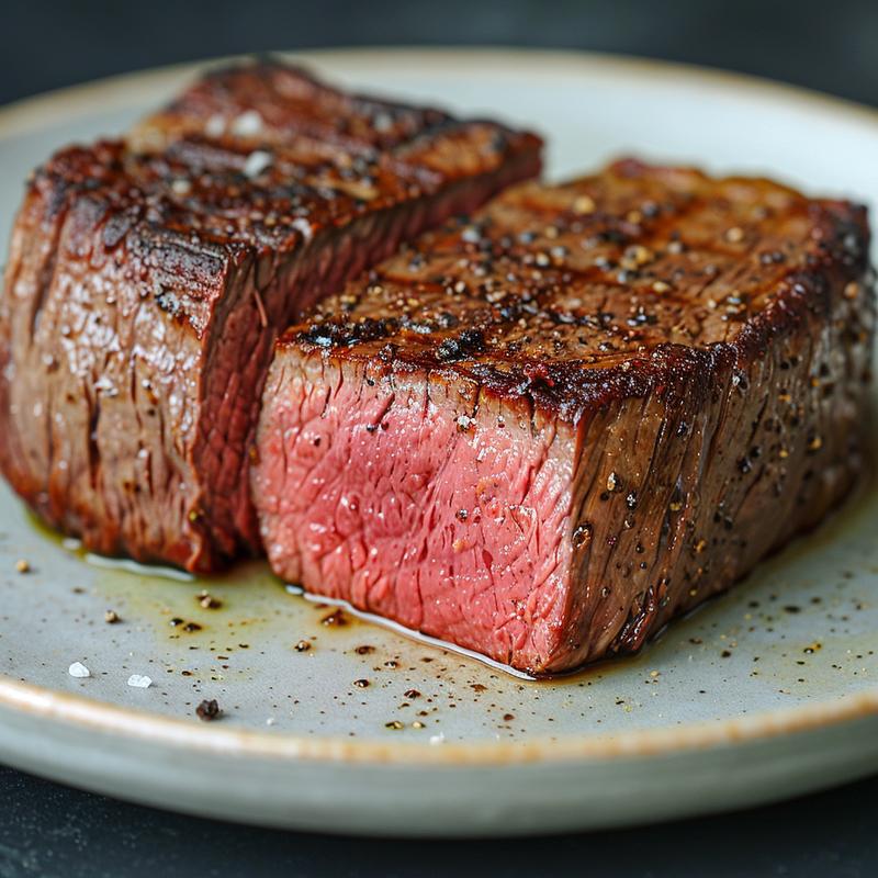 Close-up of a cooked filet mignon steak on a light grey plate.