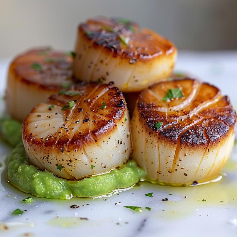 Close-up of garlic butter scallops with green pea purée on a white marble surface.