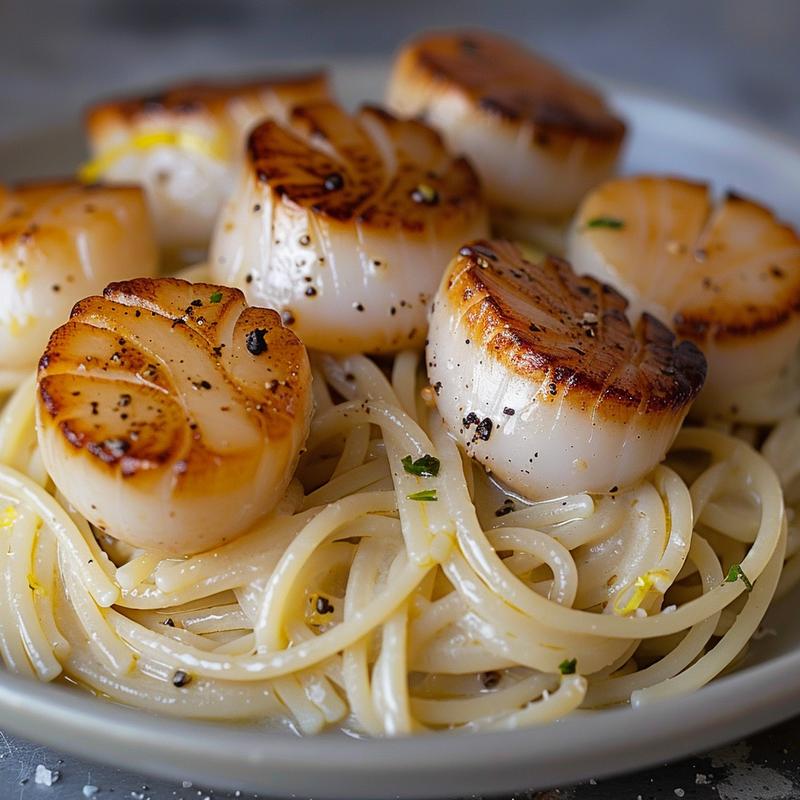 Close-up of seared scallops on garlic pasta.