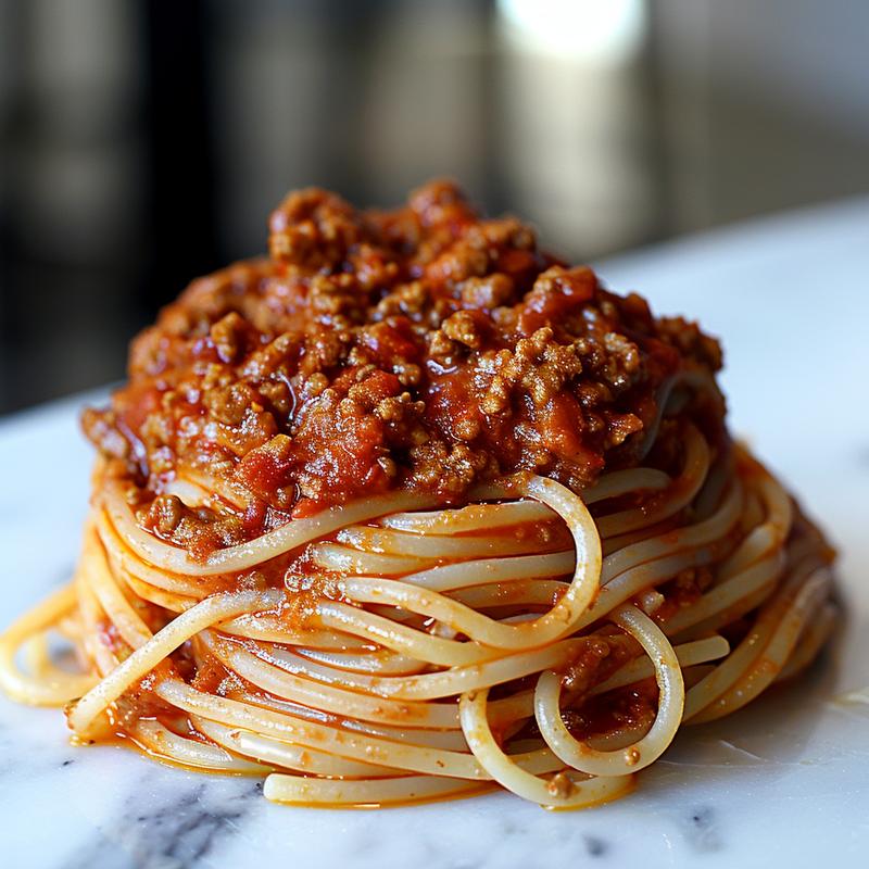 Close-up of rich, red slow cooker spaghetti sauce with visible herbs and textures on a white marble surface.