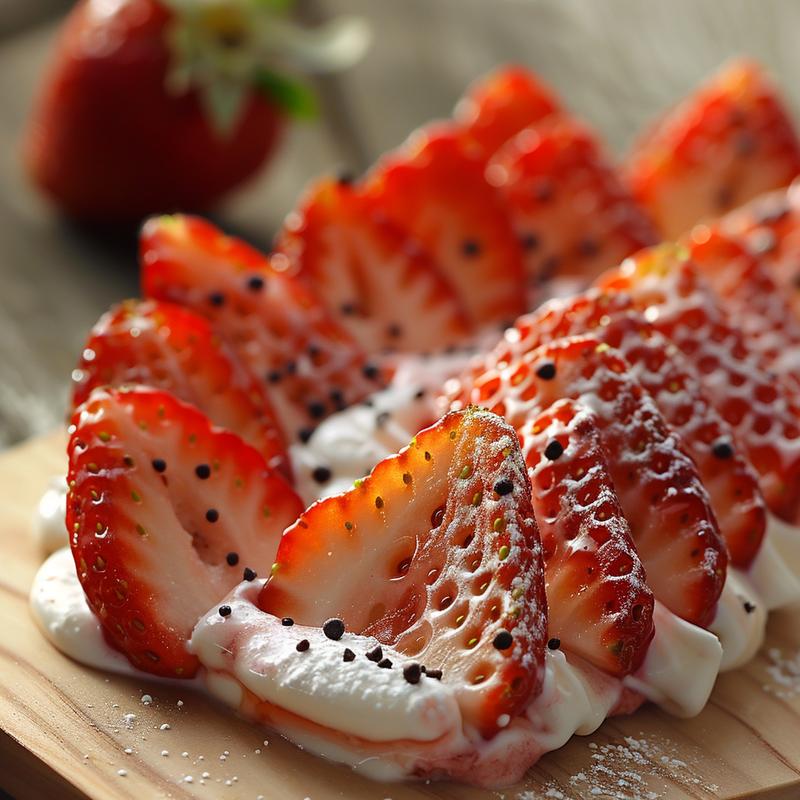 Close-up of strawberry Santas with cream, chocolate chip eyes on a wood board.