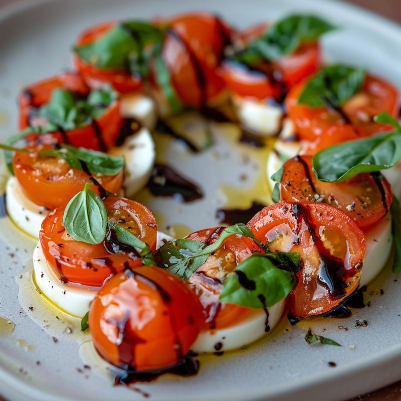 Close-up of a heart-shaped Caprese wreath with tomatoes, mozzarella, and basil.