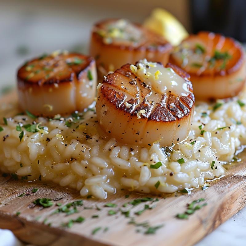Close-up of creamy parmesan risotto with lemon butter scallops on a light wood board.