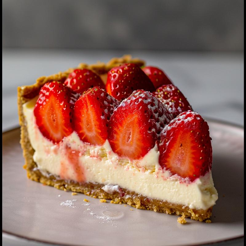 Close-up of cheesecake-stuffed strawberries on a white marble surface.