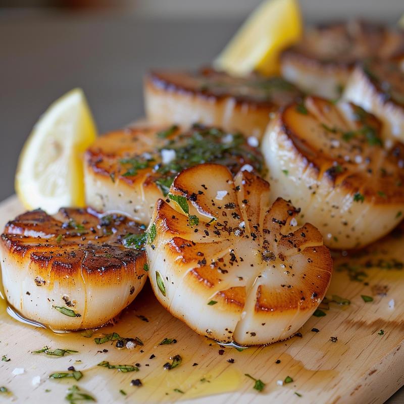 Close-up of golden-brown seared scallops on a light wood board.