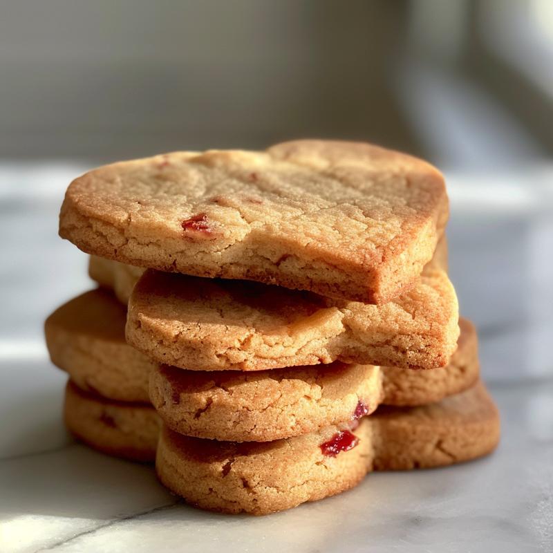 Stack of three heart-shaped jam cookies.