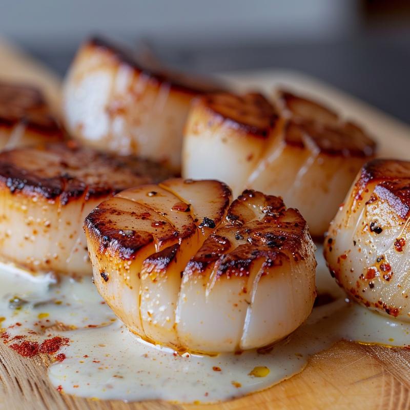 Close-up of seared scallops with creamy Cajun sauce on a wooden board.