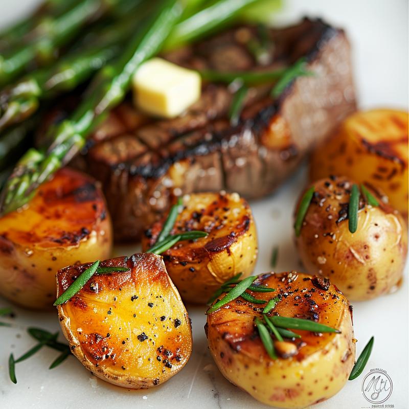 Close-up of steak, asparagus, and potatoes on marble.