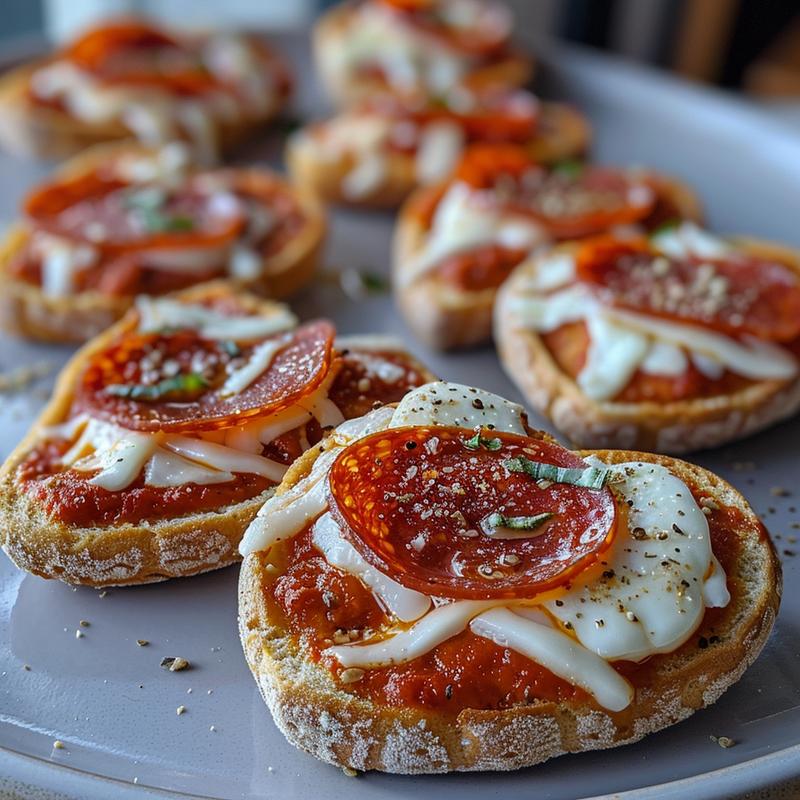 Close-up of heart-shaped mini pizzas with red sauce, mozzarella, and pepperoni on a grey plate.