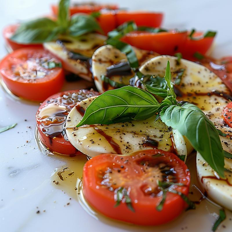 Heart-shaped Caprese salad with tomatoes, mozzarella, and basil on marble.