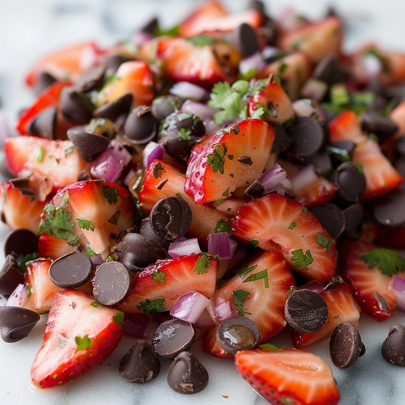 Close-up of strawberry salsa with chocolate chips on white marble.