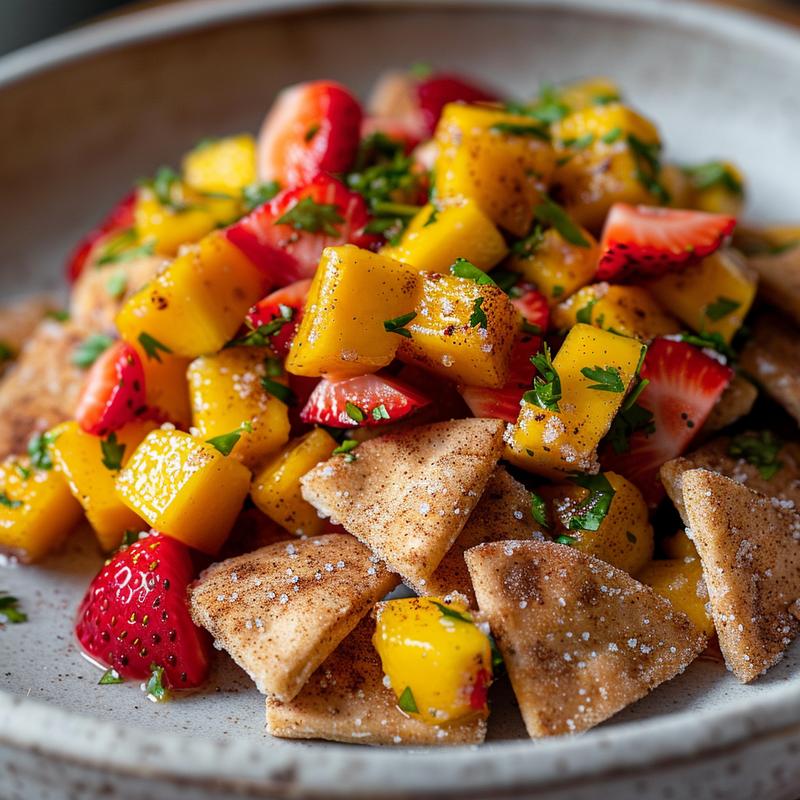 Close-up of fruit salsa with cinnamon pita chips on a grey plate.
