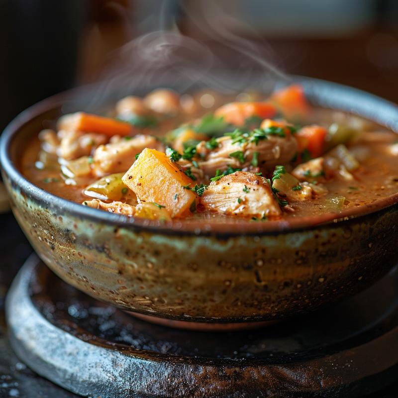Close-up of a steaming bowl of chicken stew with vegetables on a rustic cast iron surface.