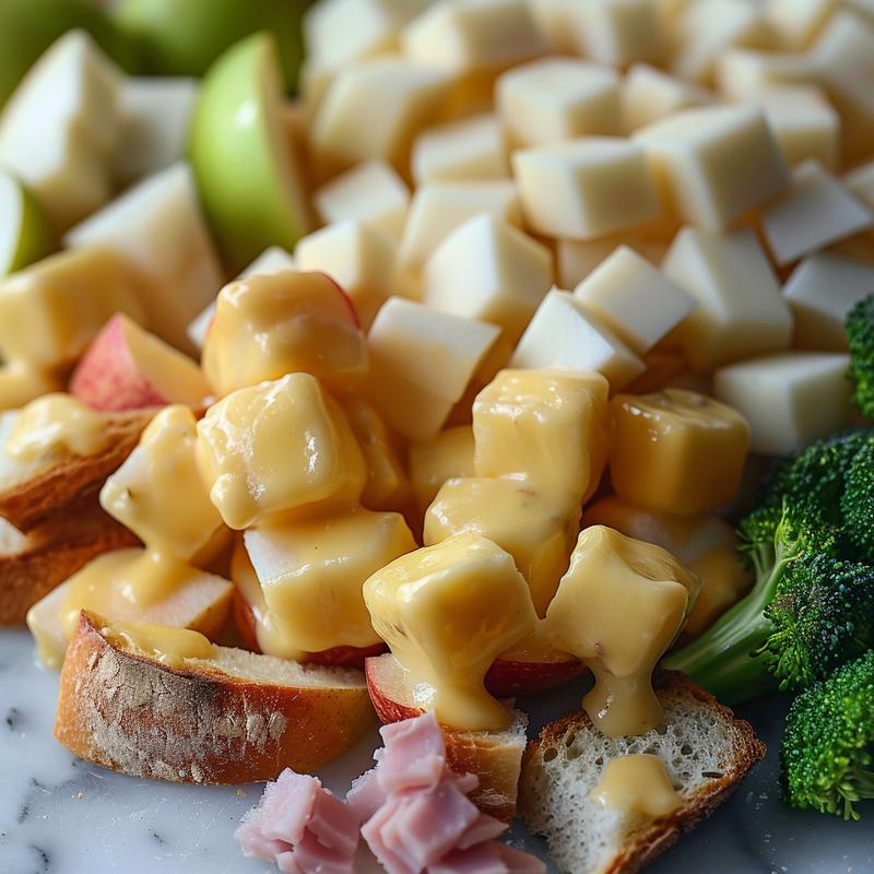 Close-up of cheese fondue dippers: bread, apple, pear, broccoli, and ham.