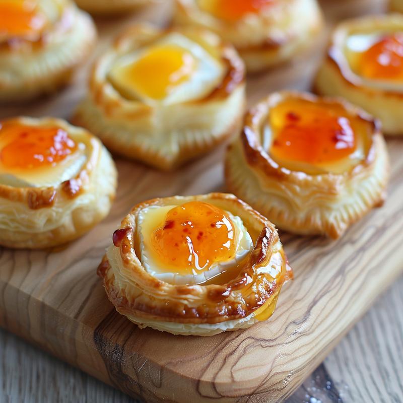 Close-up of golden-brown brie cheese bites on a light wood board.