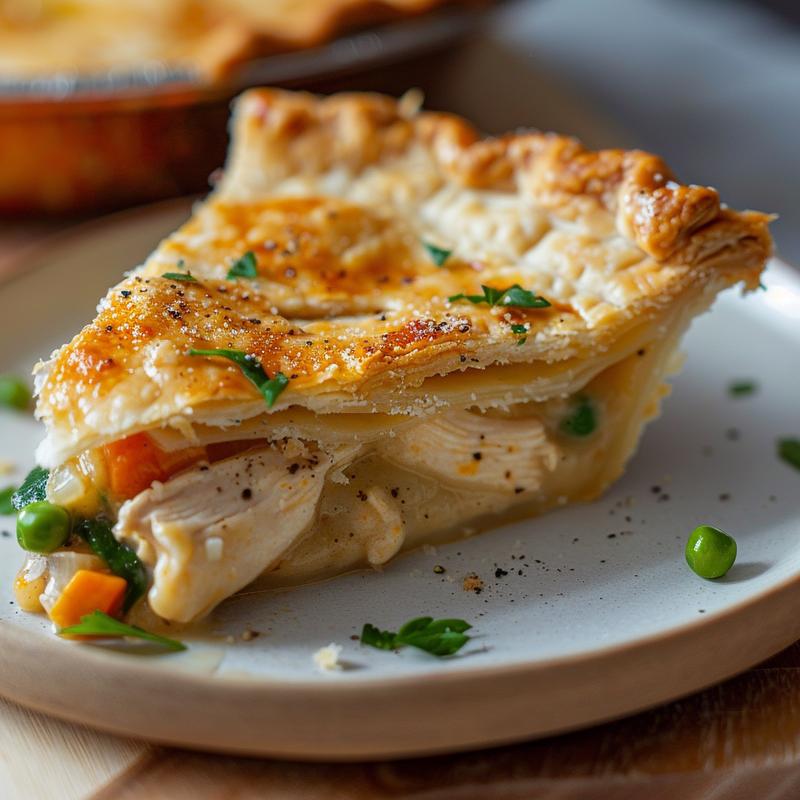 Close-up of a slice of chicken pot pie on a wood board, showcasing flaky crust and filling.