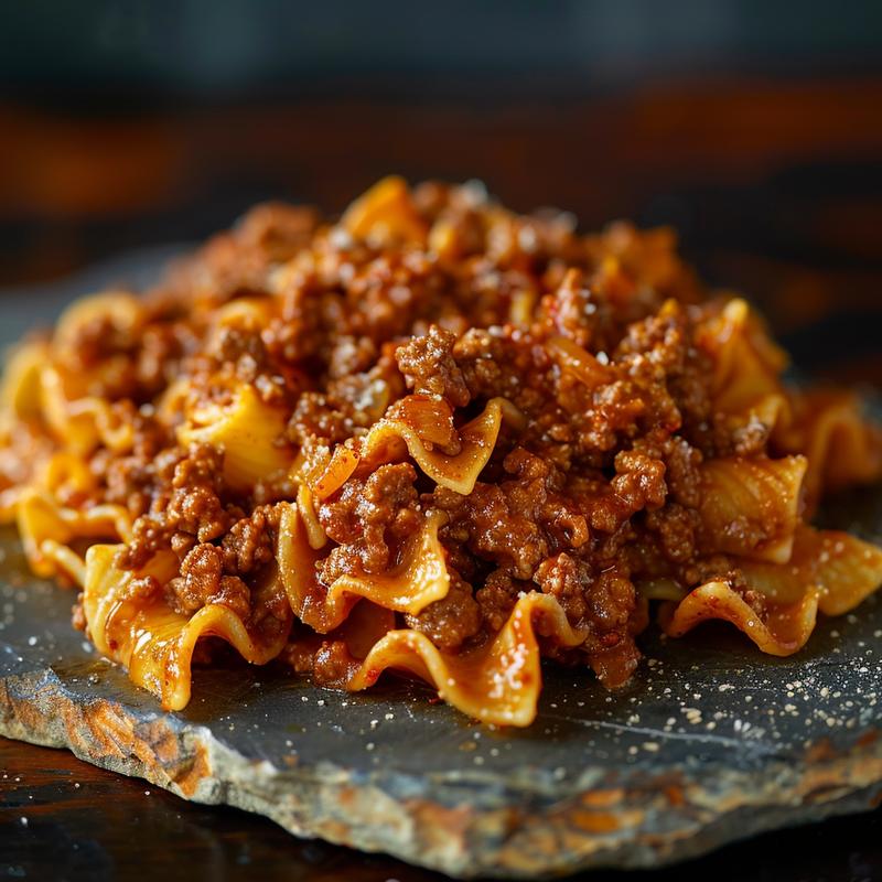 Close-up of a portion of ground beef pasta on a rustic slate plate, showcasing rich colors and textures.