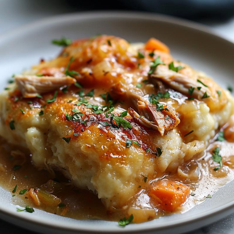 Close-up of slow cooker chicken and dumplings on a light grey ceramic plate.