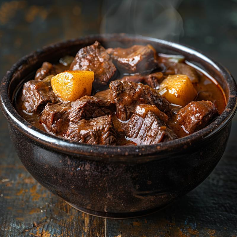 A close-up shot of steaming beef stew in a rustic bowl on a wooden table.