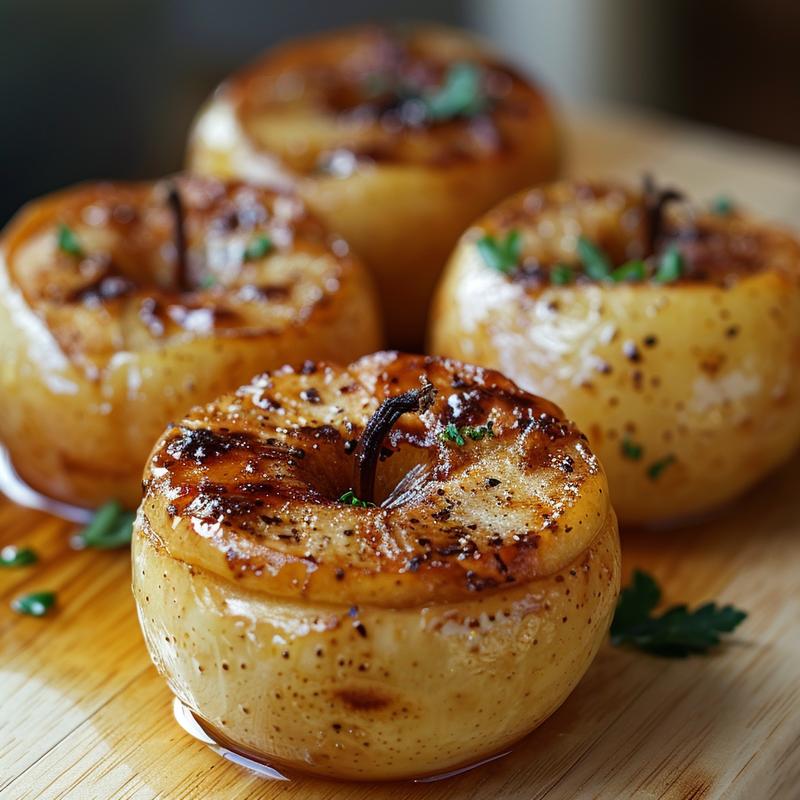 Close-up of a serving of crockpot baked apples on a wooden board, showcasing their caramelized texture.