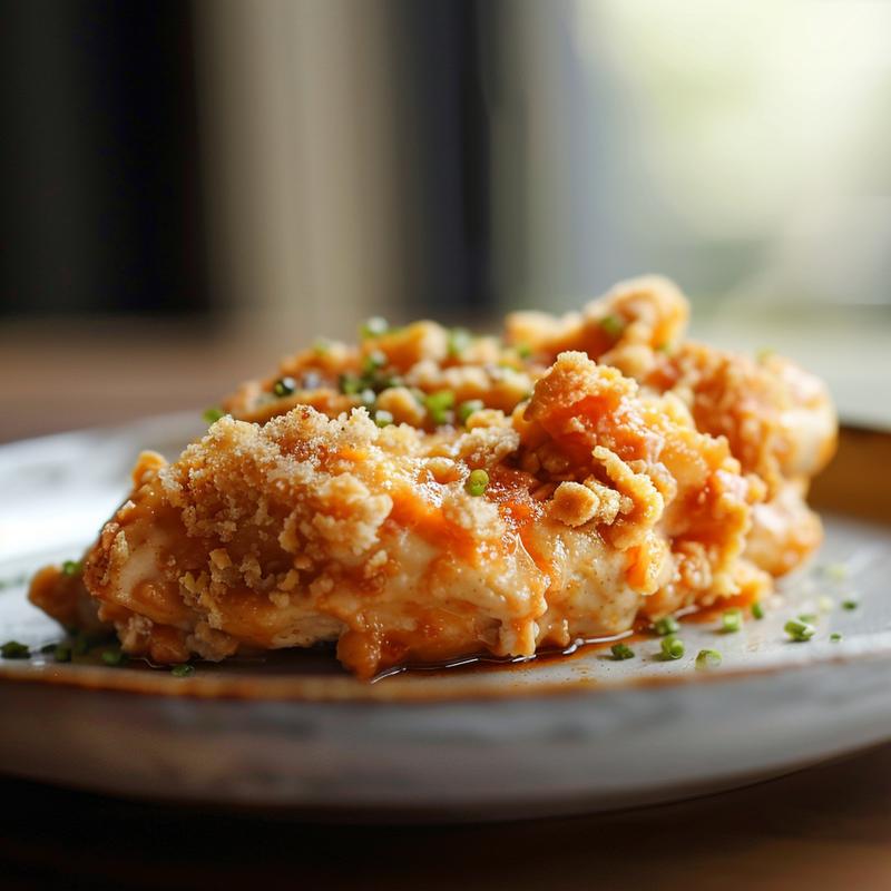Close-up of a delicious portion of dump bake chicken on a grey ceramic plate.