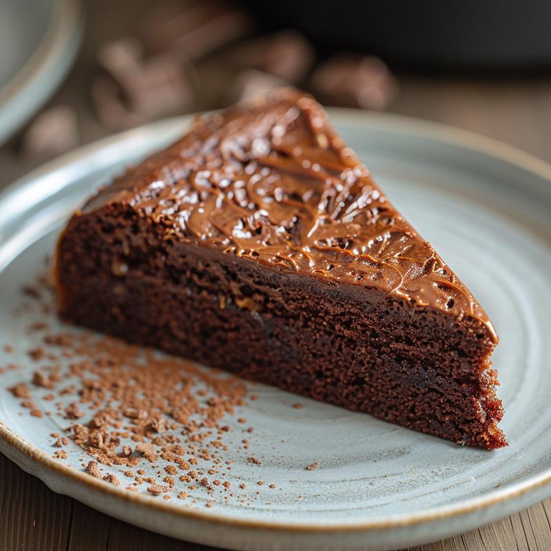 Close-up of a moist slice of chocolate caramel cake on a light grey ceramic plate.