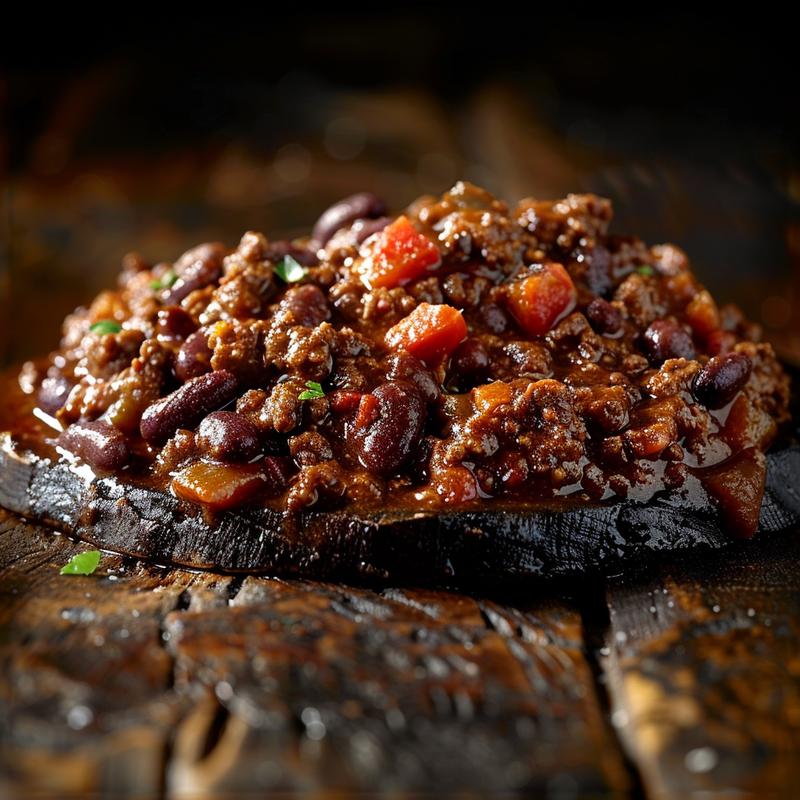 Close-up of a bowl of slow cooker beef chili with a rich texture on a dark wooden table.