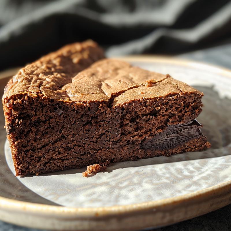 A close-up of a slice of chocolate lava cake on a light grey ceramic plate, showcasing its rich, molten center.