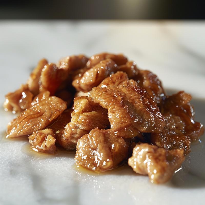 A close-up view of golden honey garlic chicken, with a glossy glaze, sitting on a white marble counter.