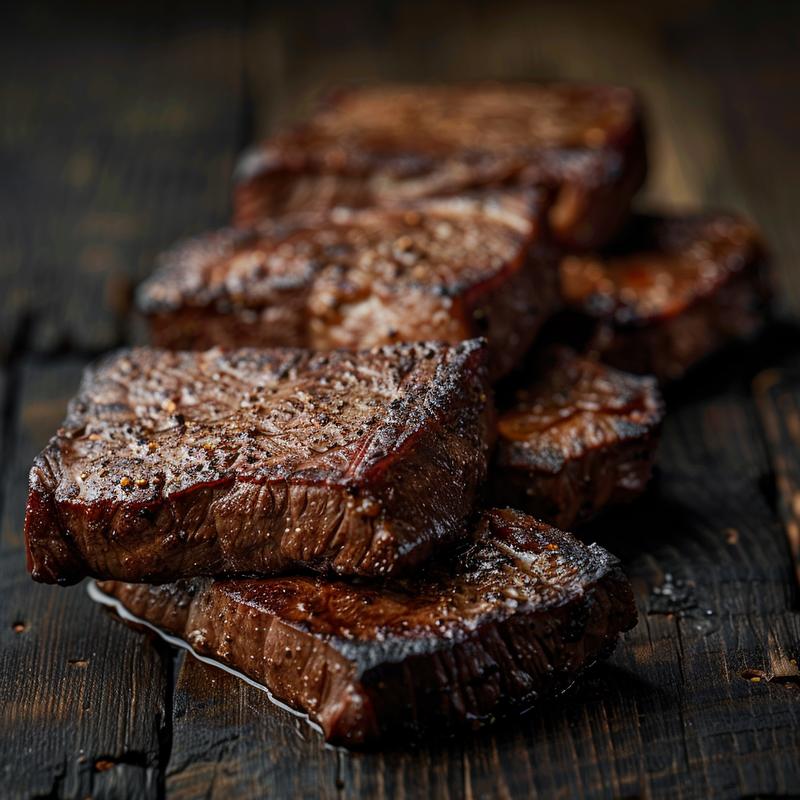 Close-up of juicy keto crockpot pork chops on a dark wooden table with dramatic lighting.
