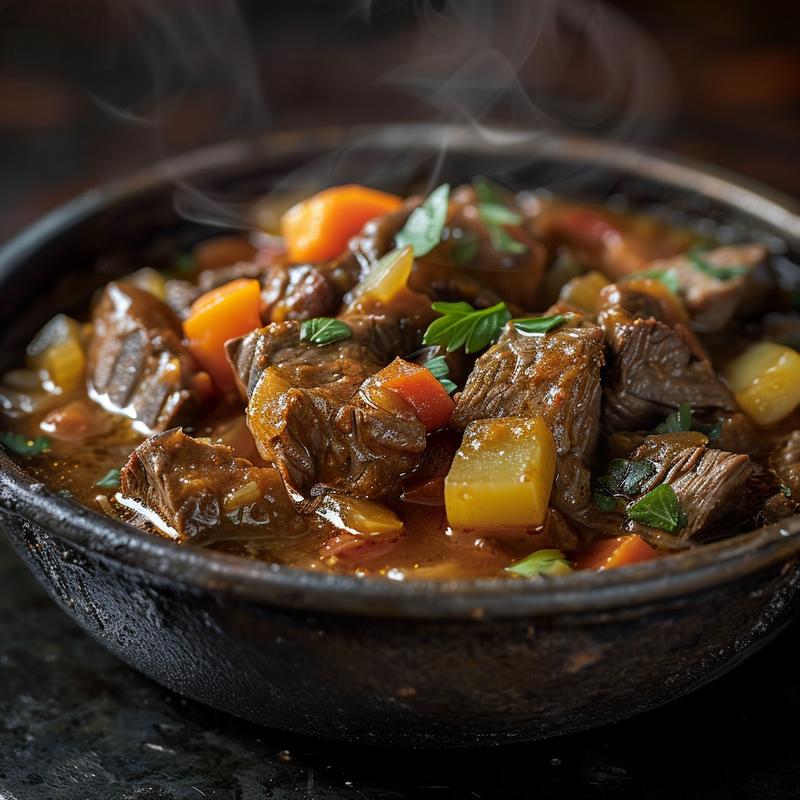 Close-up of a steaming bowl of keto beef stew on a rustic cast iron surface, showcasing rich textures and dark shadows.