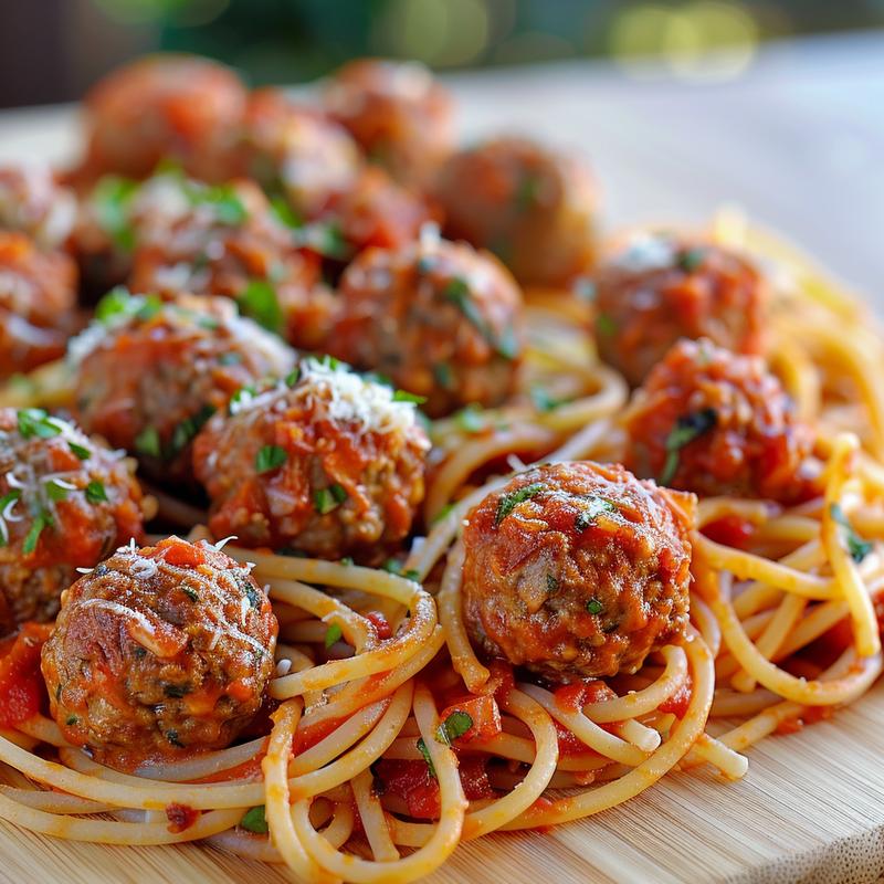 A close-up view of a delicious serving of spaghetti and meatballs on a wooden board, showcasing rich tomato sauce and herbs.