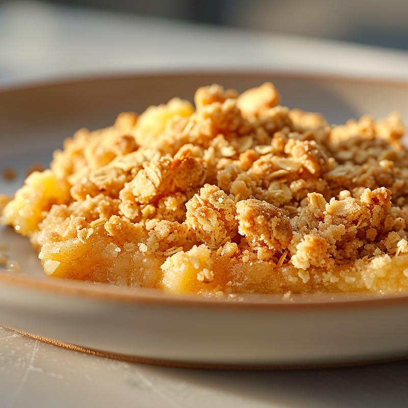 Close-up of a textured crumble topping on a light grey plate.