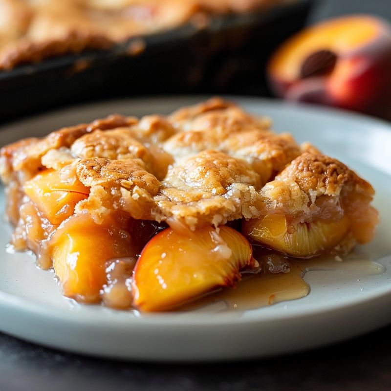 Close-up of a delicious portion of peach cobbler on a light grey plate with natural lighting.