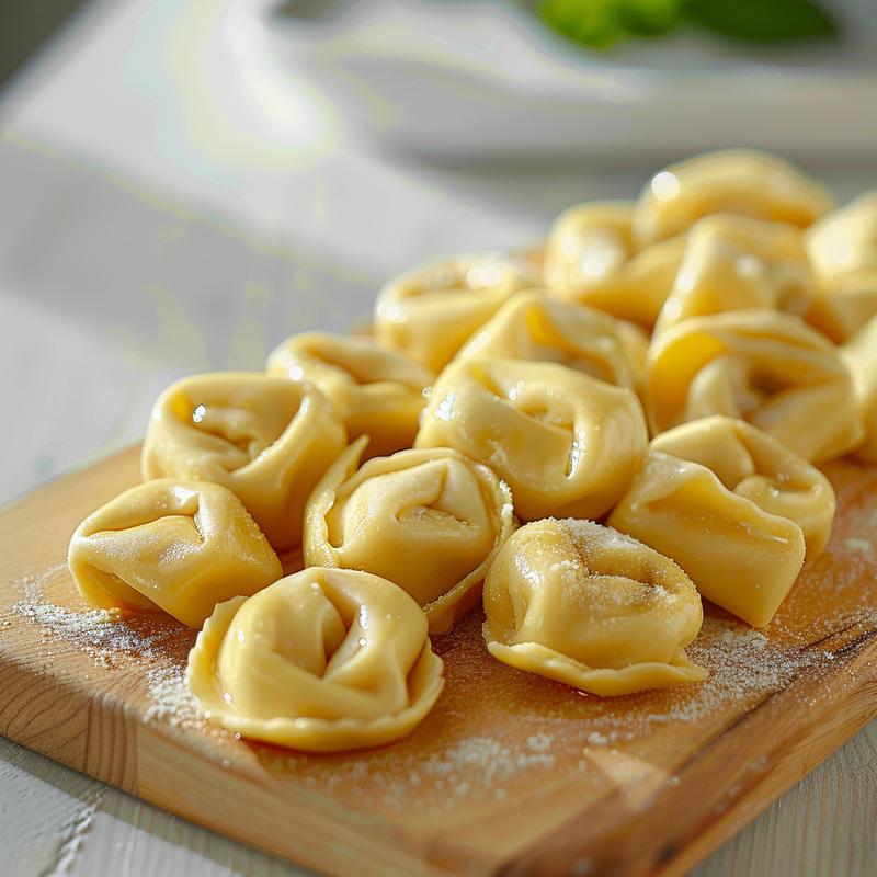 Close-up view of homemade tortellini arranged on a light wood board.