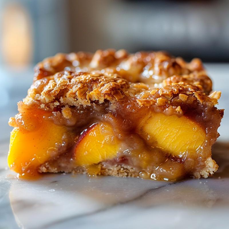 Close-up of a golden-brown southern peach cobbler with a flaky crust on a white marble surface.