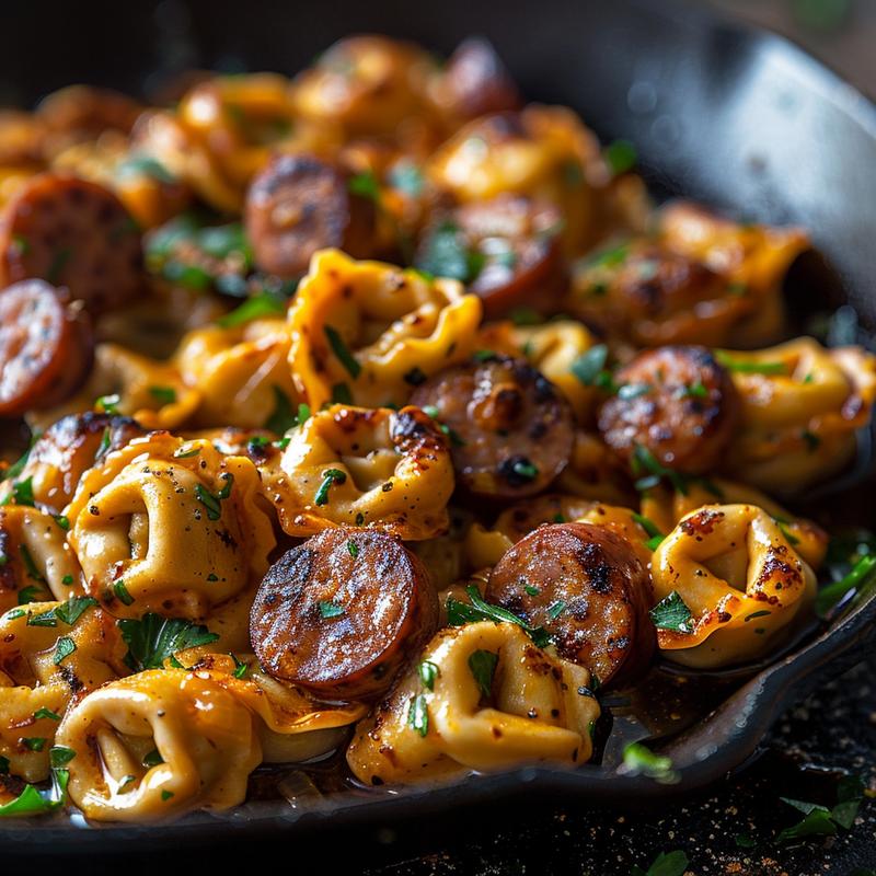 Close-up of crockpot cheese tortellini and sausage served on a rustic cast iron surface.