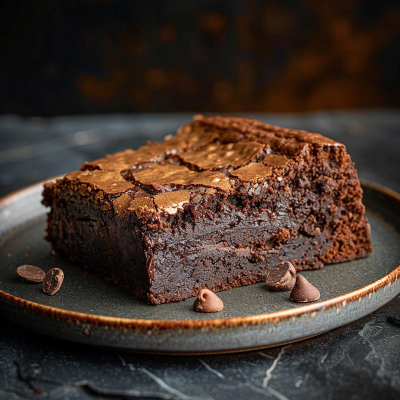 A close-up of a perfectly sliced chocolate brownie cake on a rustic plate against a dark stone background.